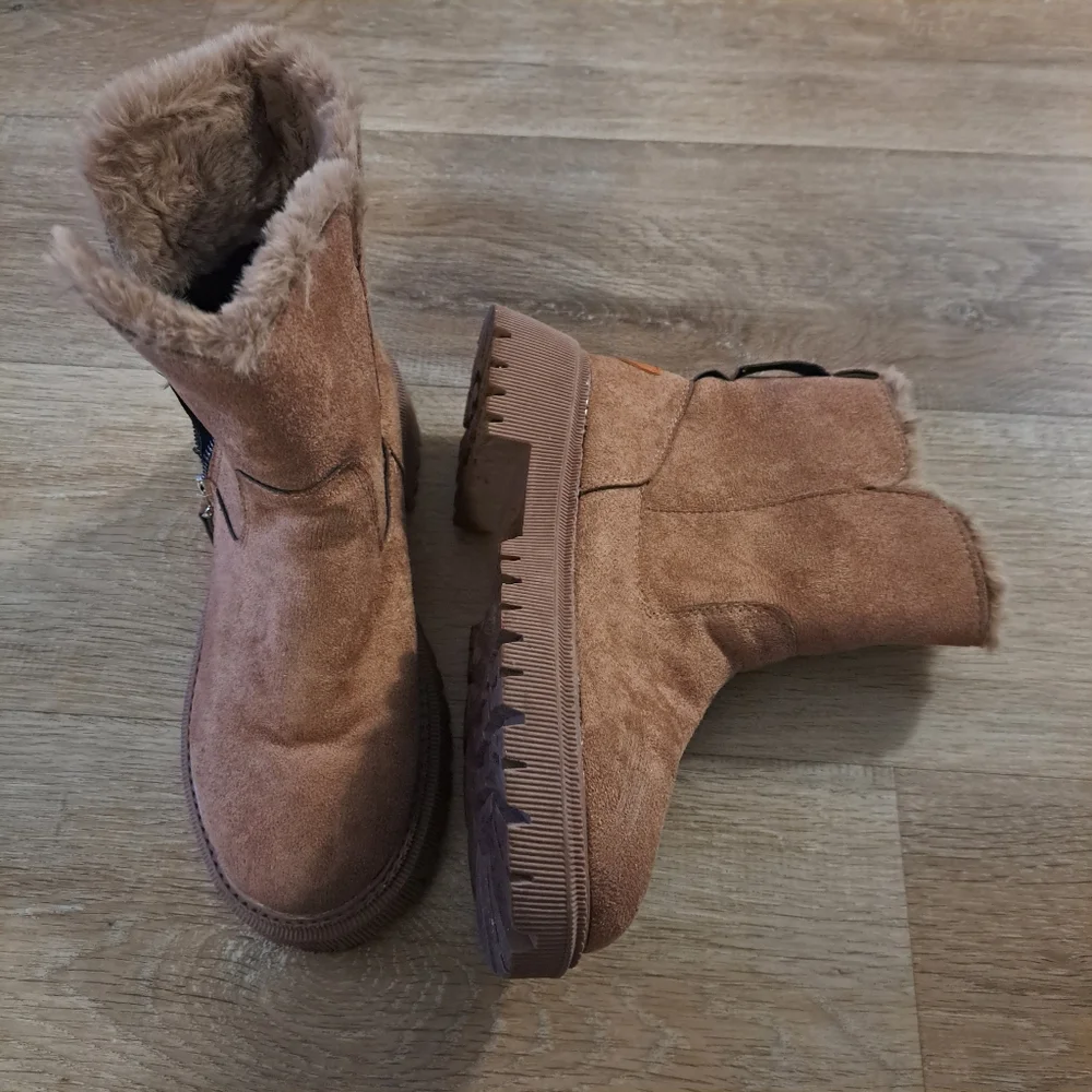 Fashion Boots Tan Brown Mid-Calf Suede Like Faux Fur-Lined Zipper Women Size 39